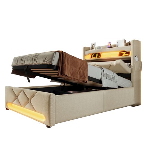 Lit Coffre Hydraulique 90x200 Avec Tête De Lit Rangement USB-c + Éclairage LED, Lin Beige