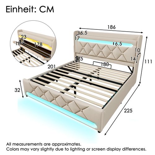 Lit Double Hydraulique 180x200 Avec Tête De Lit Rangement USB/type-c + Éclairage LED, Lin Beige
