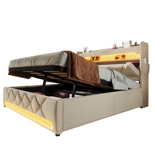 Lit Double Hydraulique 180x200 Avec Tête De Lit Rangement USB/type-c + Éclairage LED, Lin Beige