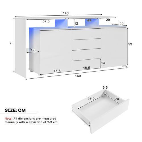Buffet Blanc Brillant 160x35x70cm, Avec Éclairage LED, 2 Portes, 4 Tiroirs, Cloison Vitrée, Blanc