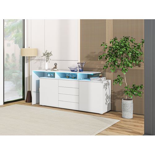 Buffet Blanc Brillant 160x35x70cm, Avec Éclairage LED, 2 Portes, 4 Tiroirs, Cloison Vitrée, Blanc