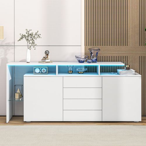Buffet Blanc Brillant 160x35x70cm, Avec Éclairage LED, 2 Portes, 4 Tiroirs, Cloison Vitrée, Blanc
