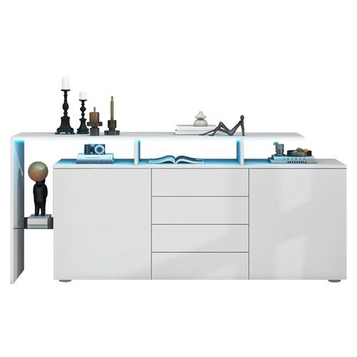 Buffet Blanc Brillant 160x35x70cm, Avec Éclairage LED, 2 Portes, 4 Tiroirs, Cloison Vitrée, Blanc