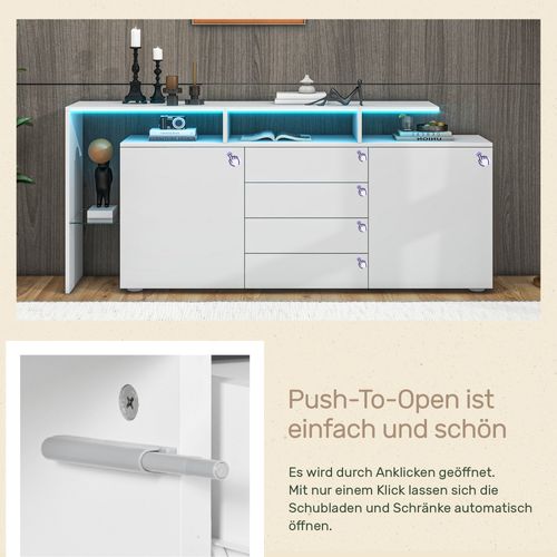 Buffet Blanc Brillant 160x35x70cm, Avec Éclairage LED, 2 Portes, 4 Tiroirs, Cloison Vitrée, Blanc