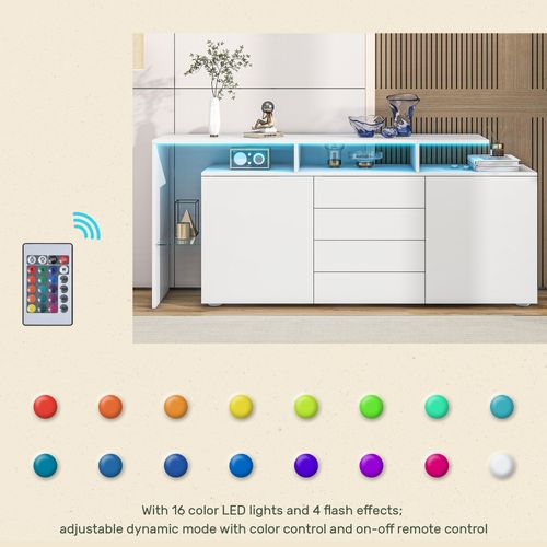Buffet Blanc Brillant 160x35x70cm, Avec Éclairage LED, 2 Portes, 4 Tiroirs, Cloison Vitrée, Blanc