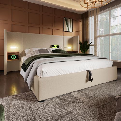 Lit Coffre Adulte 160×200 Avec Table De Chevet, Lampe De Lecture, USB, Type-c, En Lin, Beige