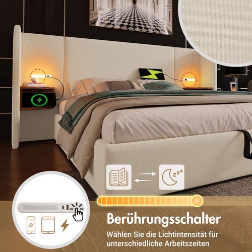 Lit Coffre Adulte 160×200 Avec Table De Chevet, Lampe De Lecture, USB, Type-c, En Lin, Beige