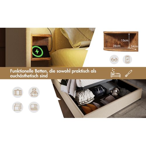 Lit Coffre Adulte 160×200 Avec Table De Chevet, Lampe De Lecture, USB, Type-c, En Lin, Beige