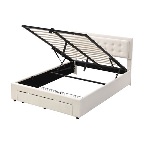 Lit Coffre Adulte 140x190 Avec Tête De Lit, Lit De Rangement, 2 Tiroirs, Tissu Teddy, Beige