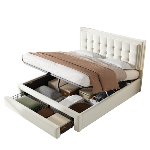 Lit Coffre 140x200 cm Avec Tête De Lit, Tiroirs, Tissu Teddy, Beige
