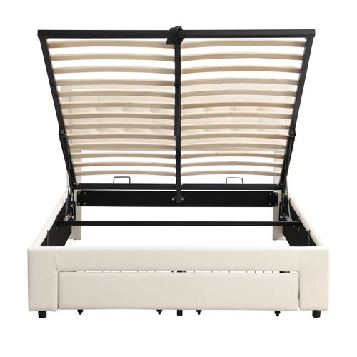 Lit Coffre 140x200 cm Avec Tête De Lit, Tiroirs, Tissu Teddy, Beige