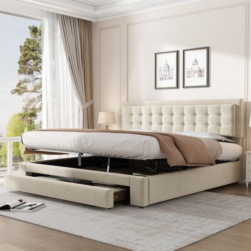 Lit Coffre Adulte 160x200 Avec Tête De Lit, Lit De Rangement, 2 Tiroirs, Tissu Teddy, Beige