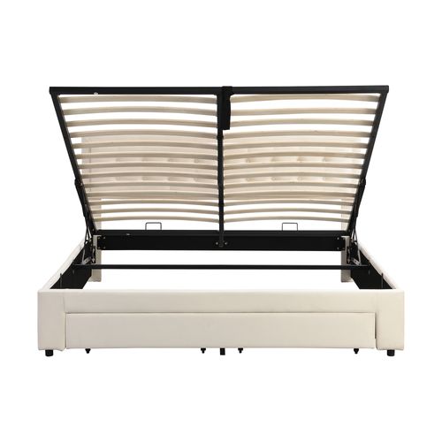 Lit Coffre Adulte 160x200 Avec Tête De Lit, Lit De Rangement, 2 Tiroirs, Tissu Teddy, Beige