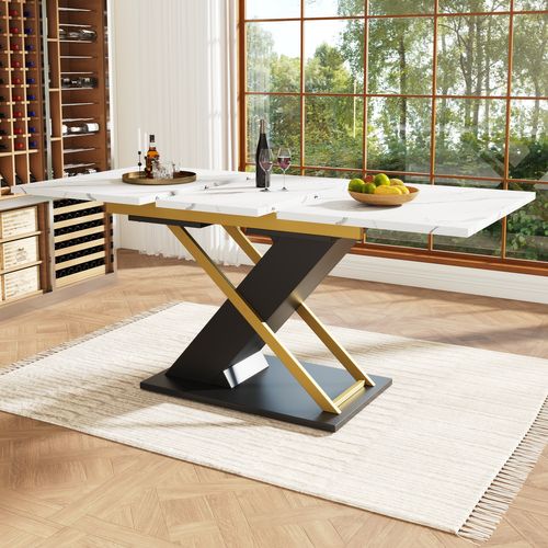 Table à Manger, Table Extensible 120-160x80x75.4cm, Blanc, Noir