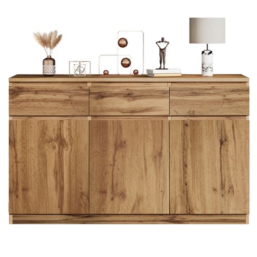Buffet 135x40x81cm, Avec 3 Portes Et 3 Tiroirs, 3 Séparateurs Réglables, Couleur Bois
