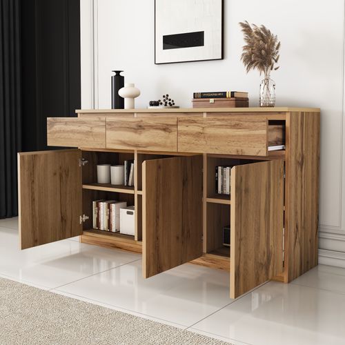 Buffet 135x40x81cm, Avec 3 Portes Et 3 Tiroirs, 3 Séparateurs Réglables, Couleur Bois