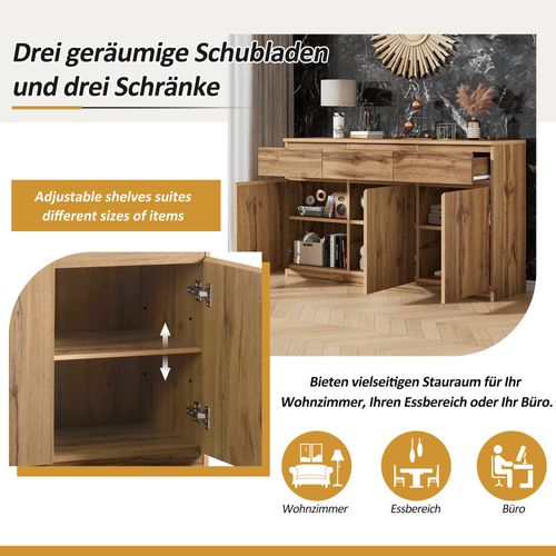 Buffet 135x40x81cm, Avec 3 Portes Et 3 Tiroirs, 3 Séparateurs Réglables, Couleur Bois