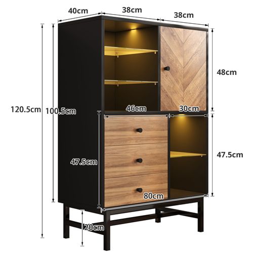 Buffet Moderne, 1 Porte Et 3 Tiroirs, 3 Cloisons Vitrées, Éclairage LED, Veinage Bois Triangulaire