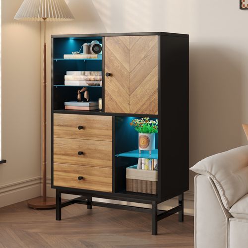 Buffet Moderne, 1 Porte Et 3 Tiroirs, 3 Cloisons Vitrées, Éclairage LED, Veinage Bois Triangulaire