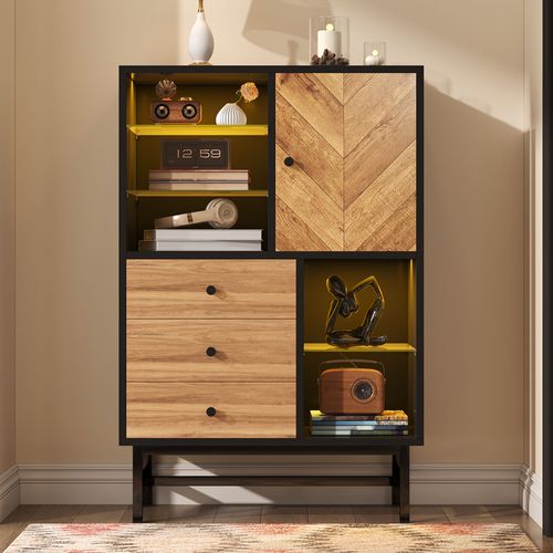 Buffet Moderne, 1 Porte Et 3 Tiroirs, 3 Cloisons Vitrées, Éclairage LED, Veinage Bois Triangulaire