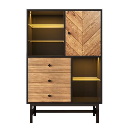 Buffet Moderne, 1 Porte Et 3 Tiroirs, 3 Cloisons Vitrées, Éclairage LED, Veinage Bois Triangulaire