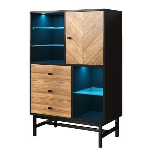 Buffet Moderne, 1 Porte Et 3 Tiroirs, 3 Cloisons Vitrées, Éclairage LED, Veinage Bois Triangulaire