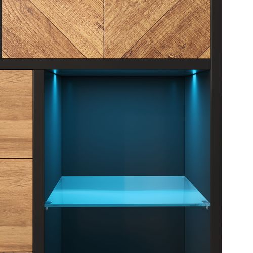 Buffet Moderne, 1 Porte Et 3 Tiroirs, 3 Cloisons Vitrées, Éclairage LED, Veinage Bois Triangulaire