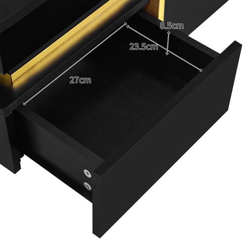 Table Basse Carrée Moderne 70x70x35,5cm, Noir Brillant, 2 Tiroirs, Décoration Dorée