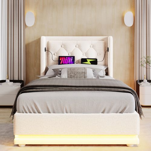 Lit Coffre 90x200 Cm, Rangement, USB-c, LED 3 Côtés, Tissu Coton Blanc