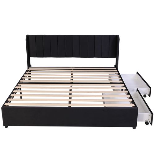 Lit 180x200 Cm En Velours Avec Tiroirs De Rangement Et Lattes Robustes, Noir