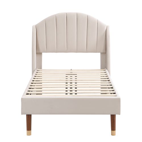 Lit Enfant 90x200 Cm En Velours Avec Lattes En Bois Et Dossier Rembourré, Beige