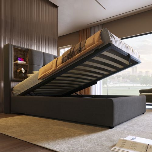 Lit 90x200 Avec Charge Sans Fil USB-c, Rangement Hydraulique Et Sommier En Bois - Gris Coton