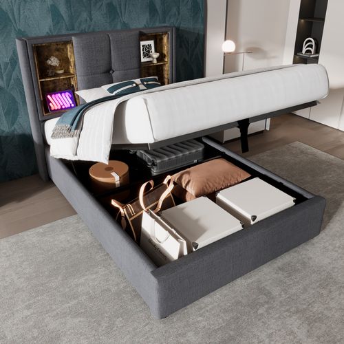 Lit 90x200 Avec Charge Sans Fil USB-c, Rangement Hydraulique Et Sommier En Bois - Gris Coton