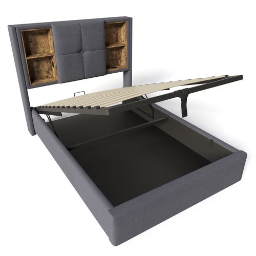 Lit 90x200 Avec Charge Sans Fil USB-c, Rangement Hydraulique Et Sommier En Bois - Gris Coton