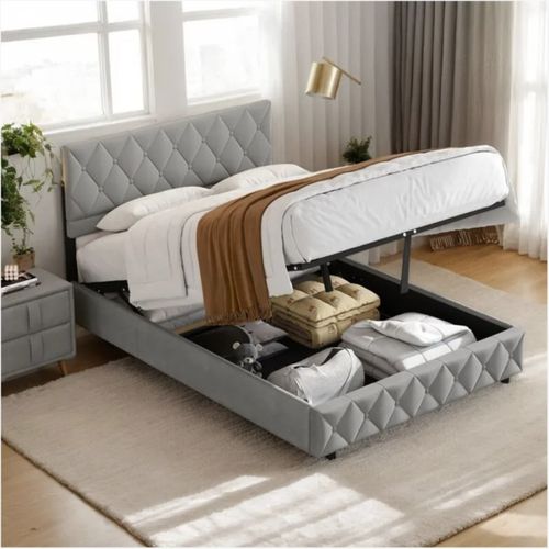 Lit Coffre Adulte 160x200cm, Lit De Rangement Avec Tête De Lit Réglable, Velours Gris Clair