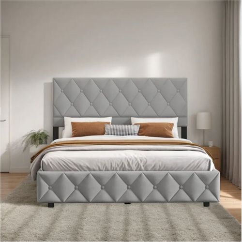 Lit Coffre Adulte 160x200cm, Lit De Rangement Avec Tête De Lit Réglable, Velours Gris Clair