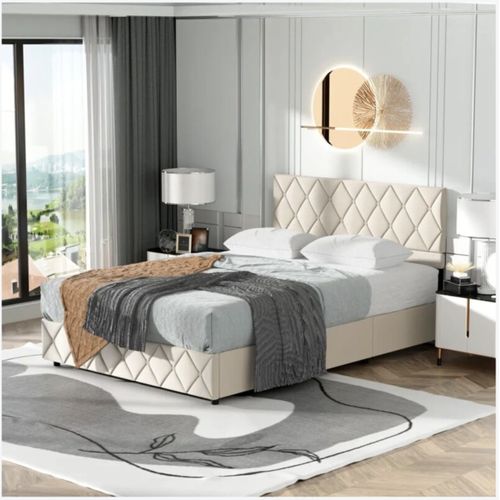 Lit Coffre Adulte 160x200cm, Lit De Rangement Avec Tête De Lit Réglable, Velours Beige