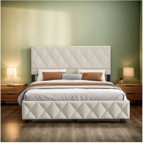 Lit Coffre Adulte 160x200cm, Lit De Rangement Avec Tête De Lit Réglable, Velours Beige