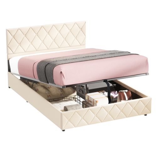 Lit Coffre Adulte 160x200cm, Lit De Rangement Avec Tête De Lit Réglable, Velours Beige
