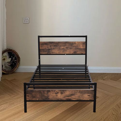 Lit Adulte 2 Personnes, Cadre De Lit, Lit 140x200 Cm, En Métal Noir Et Marron Avec Sommier à Lattes