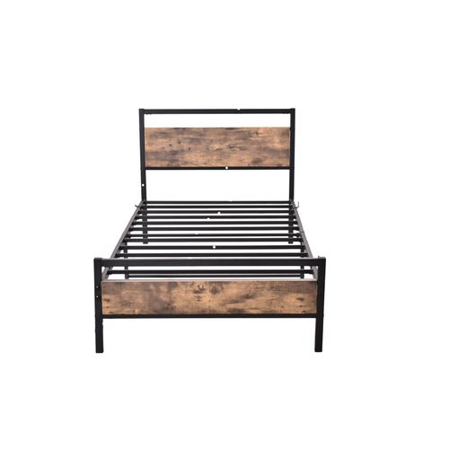 Lit Adulte 2 Personnes, Cadre De Lit, Lit 140x200 Cm, En Métal Noir Et Marron Avec Sommier à Lattes