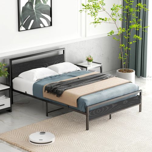 Lit Adulte Avec Tête De Lit, Cadre De Lit, Lit 140x200 Cm, En Métal Noir Avec Sommier à Lattes