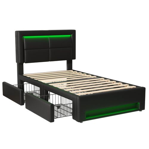 Lit 90x190 Cm Avec LED, 4 Tiroirs, USB Sans/avec Fil, Simili Cuir Noir