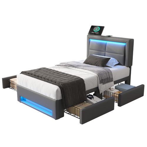 Lit 90x190 Cm Avec LED, 4 Tiroirs, USB Sans/avec Fil, Simili Cuir Gris
