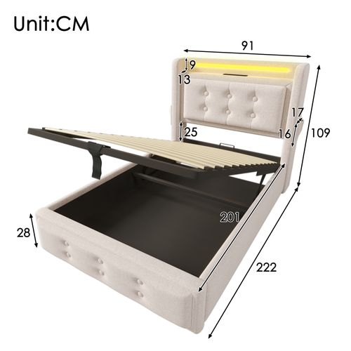 Lit 90x200 Cm Avec LED, USB-c Et Prise Eu, Coffre Hydraulique, Tissu Beige