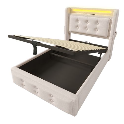 Lit 90x200 Cm Avec LED, USB-c Et Prise Eu, Coffre Hydraulique, Tissu Beige
