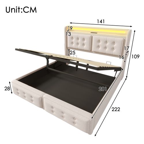 Lit 140x200 Cm Avec LED, USB-c Et Prise Eu, Coffre Hydraulique, Tissu Beige