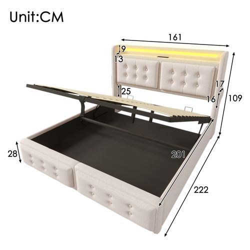 Lit 160x200 Cm Avec LED, USB-c Et Prise Eu, Coffre Hydraulique, Tissu Beige