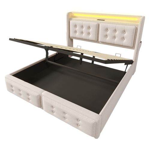 Lit 160x200 Cm Avec LED, USB-c Et Prise Eu, Coffre Hydraulique, Tissu Beige