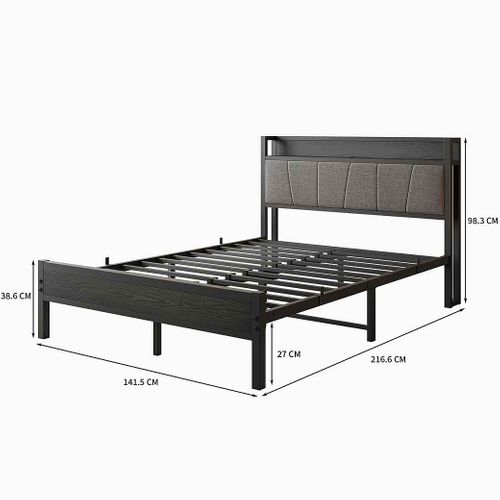 Lit Adulte 140x200cm En Métal, Cadre De Lit Noir Avec Tête De Lit, 1 Prise Et 2 Ports De Charge USB